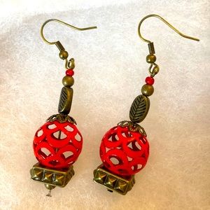 Handmade antique bronze and red earrings